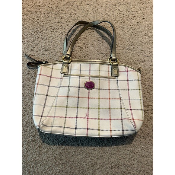 Coach Peyton Tattersall Tote Purse Handbag Ivory Plaid - Picture 1 of 11